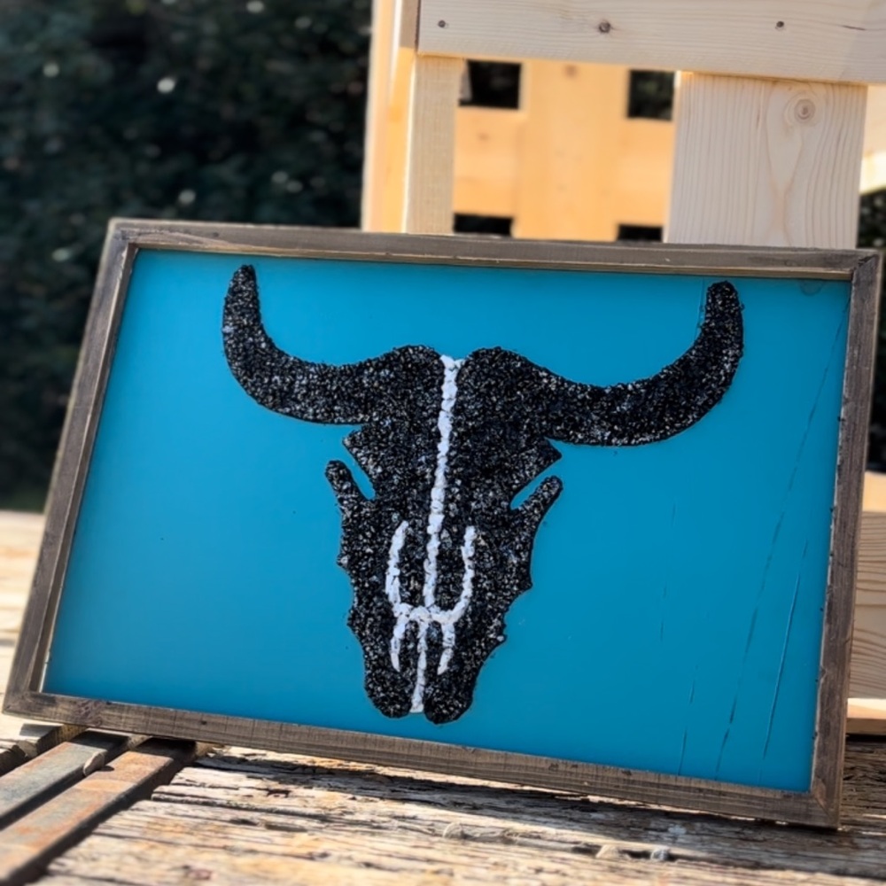 Framed Bull Skull Art on Blue Background